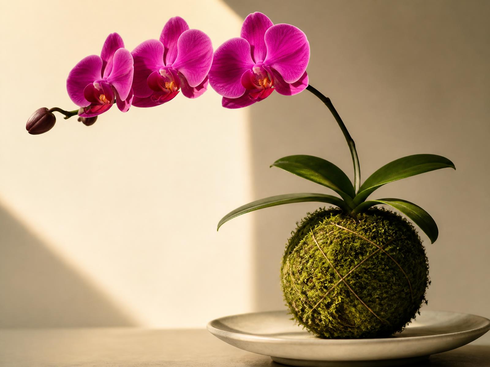 Magenta phalaenopsis orchid growing from a moss-wrapped kokedama ball on a ceramic dish